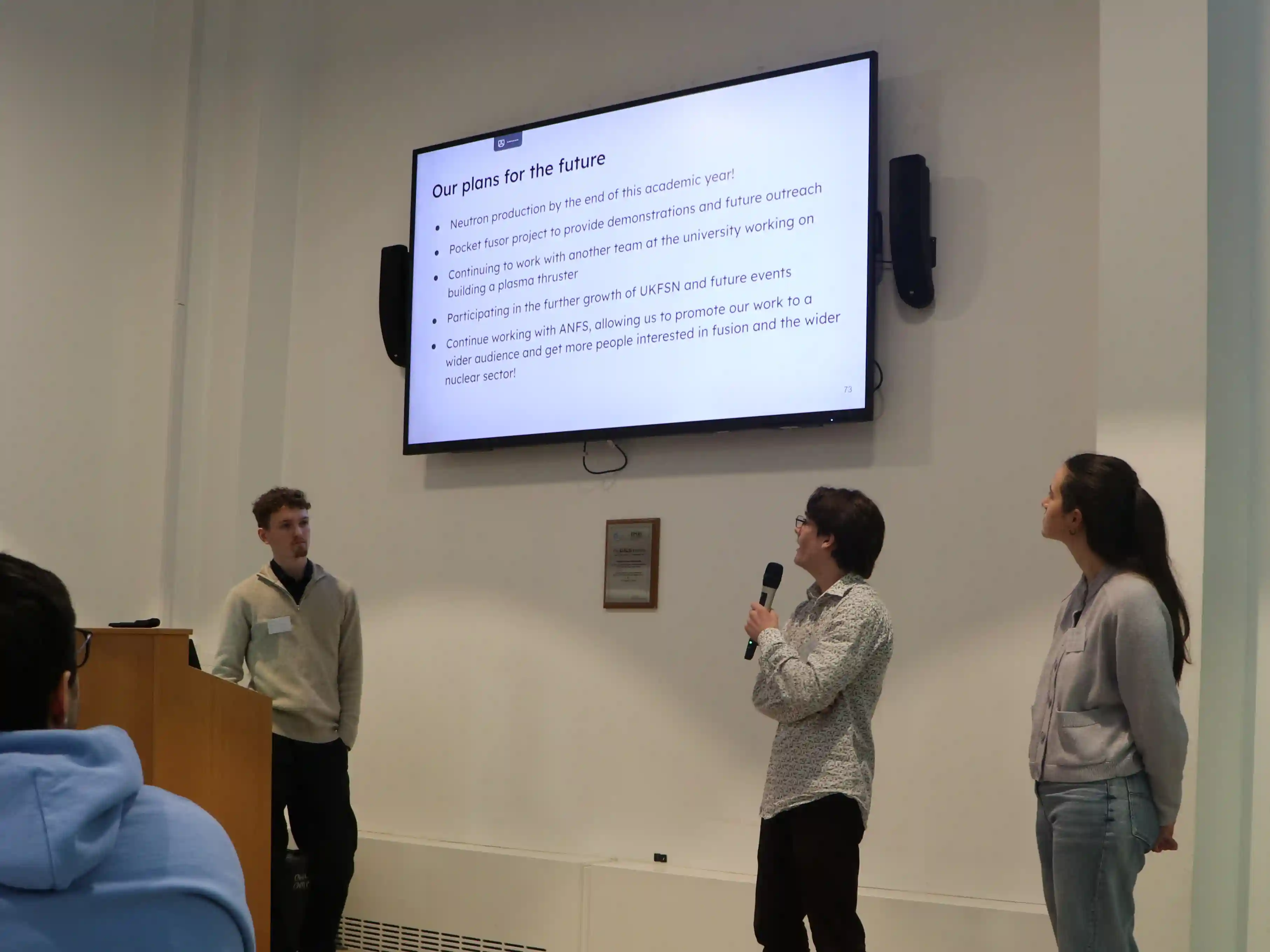 Image of George, Joe & Kelly giving the closing remarks to Project Plasmas speech at the Here Comes the Sun Fusion event, organised by ANFS Project Plasma presentation
